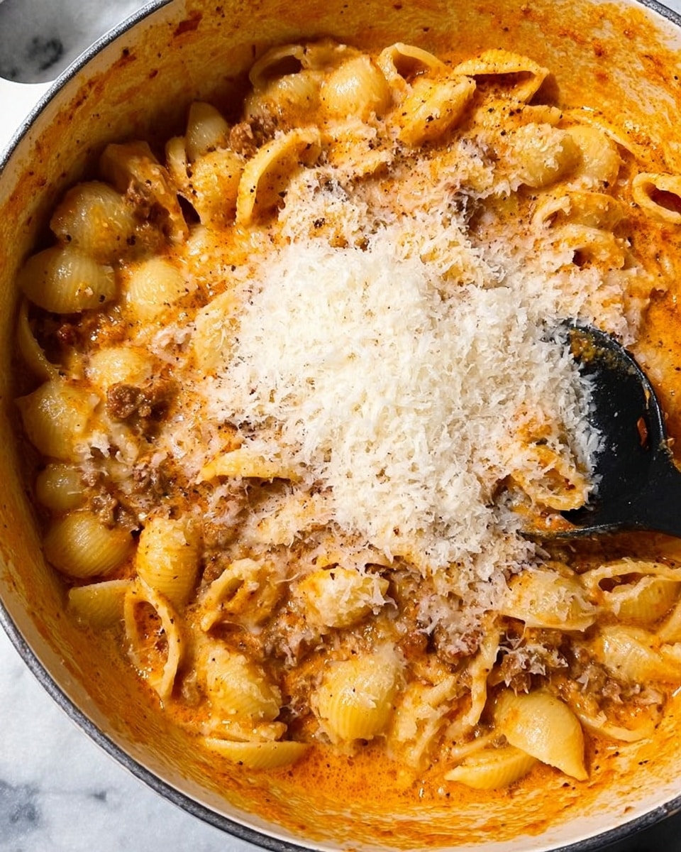 A close-up view of a round white pot filled with creamy orange pasta shells mixed with small bits of browned meat. On top, there is a large pile of white grated cheese covering the center of the pasta. A black spoon rests inside the pot slightly to the right, partially dipped into the cheese and pasta mixture. The pot is surrounded by a white marbled surface. Photo taken with an iphone --ar 4:5 --v 7