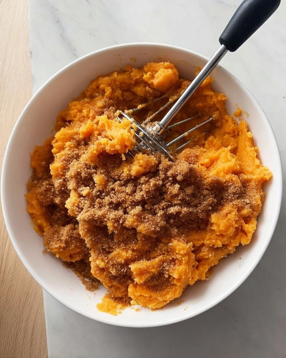 A white bowl filled with mashed orange sweet potatoes roughly mashed into chunky pieces, with a light layer of brown sugar sprinkled generously on top. A metal potato masher with a black handle is pressed into the center of the bowl, slightly mashing the sweet potatoes. The bowl sits on a white marbled surface. photo taken with an iphone --ar 4:5 --v 7