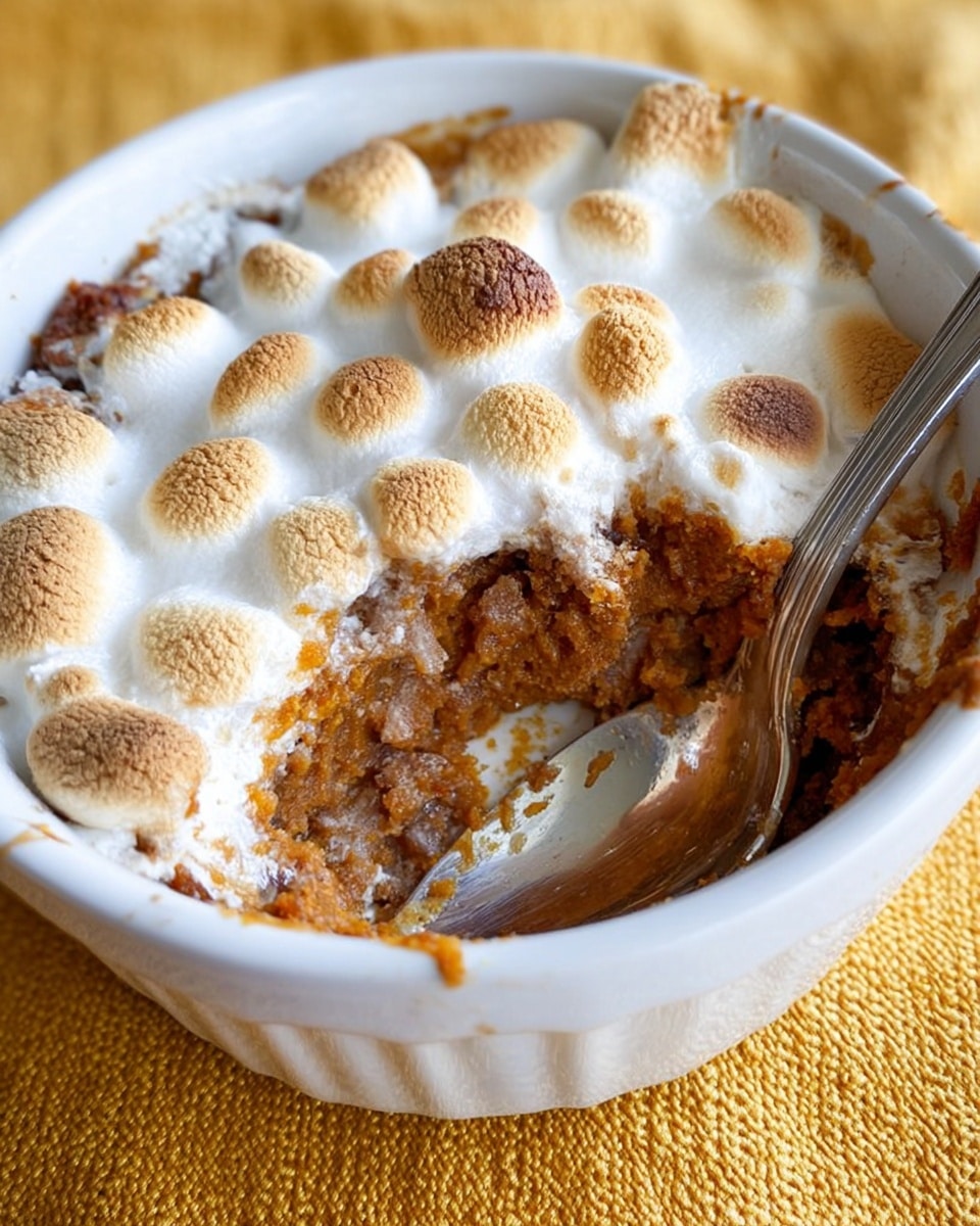 A white bowl contains a dessert with two visible layers; the top layer is made of toasted marshmallows, soft and browned unevenly with white and light golden spots, while the bottom layer is a moist, dense, brown sweet potato or yam mixture with a textured surface. A silver spoon is inside the bowl resting against the side, with smears of the brown layer around the inner walls. The bowl sits on a yellow textured fabric. photo taken with an iphone --ar 4:5 --v 7