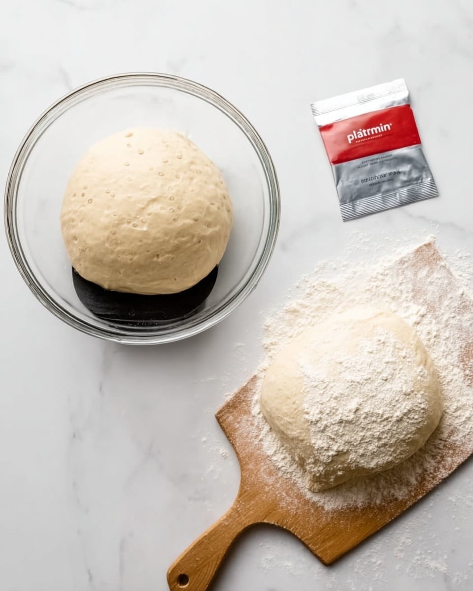 The image shows two scenes side by side on a white marbled surface. On the left, a clear glass bowl contains a ball of dough that has risen, with a smooth, slightly shiny surface and small bubbles on top. The dough fills about half the bowl, which sits on a small black base. On the right, the risen dough sits alone on the white marbled surface, covered lightly with white flour dust. Beside the dough is a wooden dough scraper with a flat, wide blade. To the upper right, a small silver and red packet labeled “platinum” lies flat on the surface. The dough is pale beige and round, with a soft texture. Photo taken with an iphone --ar 4:5 --v 7