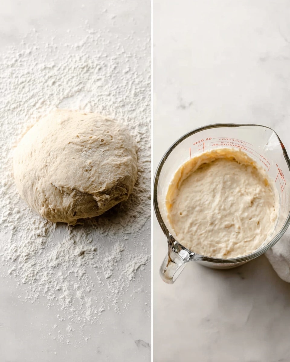 The image shows two parts side by side on a white marbled surface. On the left, there is a round, slightly rough dough ball sprinkled with flour around it. A pale measuring spoon is placed near the dough. On the right, there is a clear glass measuring cup filled with airy, light beige dough that has risen, with bubbles visible inside. The cup is placed on the same white marbled surface. photo taken with an iphone --ar 4:5 --v 7
