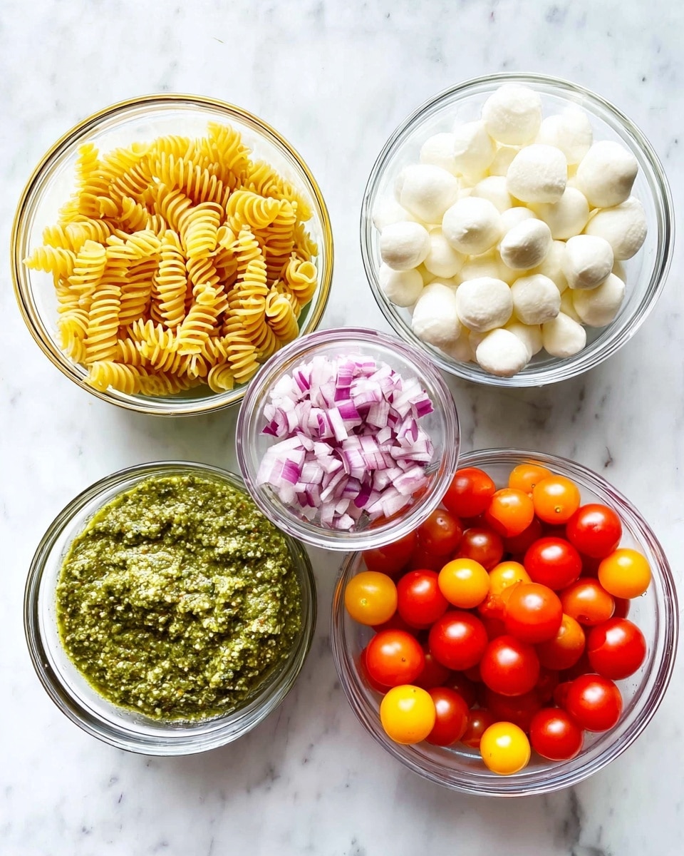 Five clear glass bowls sit on a white marbled texture surface, each containing a different ingredient. The top left bowl holds yellow spiral pasta pieces, tightly packed and dry. To its right, a bowl is filled with small, round, white balls of mozzarella cheese, smooth in texture. Below the pasta, a bowl contains a thick, green pesto sauce with a coarse, slightly chunky texture. In the center, a smaller bowl holds finely chopped red onion pieces, purple and white in color. On the bottom right, a bowl is filled with red and orange cherry tomatoes, shiny and smooth. photo taken with an iphone --ar 4:5 --v 7