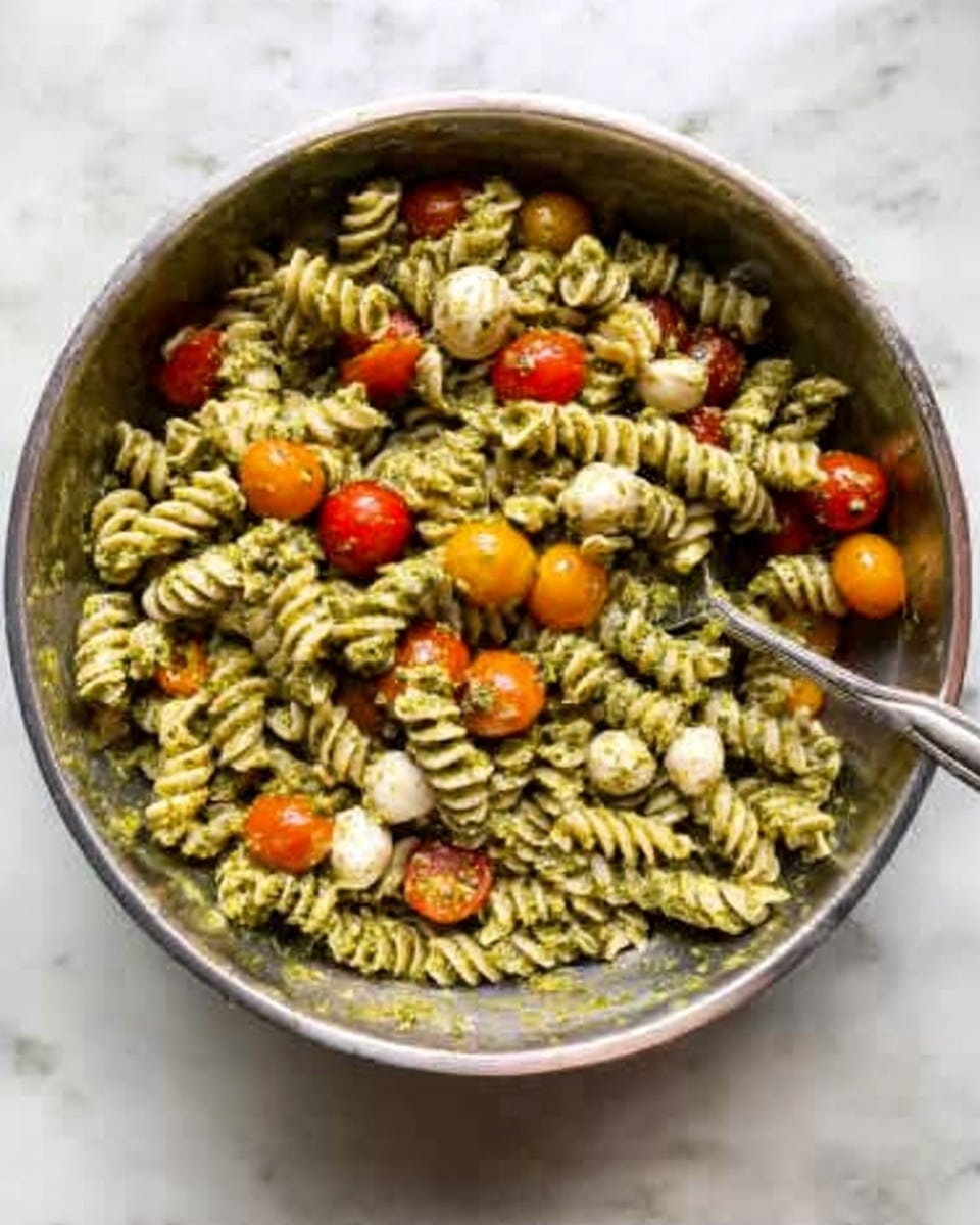 A metal bowl filled with fusilli pasta covered in green pesto sauce with a slightly creamy texture, mixed with halved cherry tomatoes in red and orange shades, along with small whole white mushrooms scattered throughout. A spoon is placed inside the bowl on the right side, resting among the pasta and vegetables. The bowl is on a white marbled surface. photo taken with an iphone --ar 4:5 --v 7