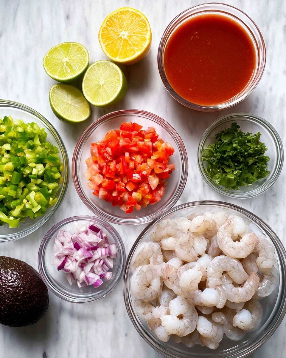 The image shows several clear glass bowls arranged on a white marbled surface. There is one large bowl filled with raw, peeled shrimp, which are white and slightly translucent, placed near the bottom right. Above and to the left are smaller bowls: one with bright red diced tomatoes, another with finely chopped green peppers, one with chopped red onions, and a bowl of chopped green cilantro. Next to the bowls is a small glass of red tomato juice and a whole dark purple avocado. Two slices of yellow lemon and one slice of lime are arranged at the top left. A woman's hand with a neutral skin tone is partially visible near the bowls, about to pick one. Photo taken with an iphone --ar 4:5 --v 7