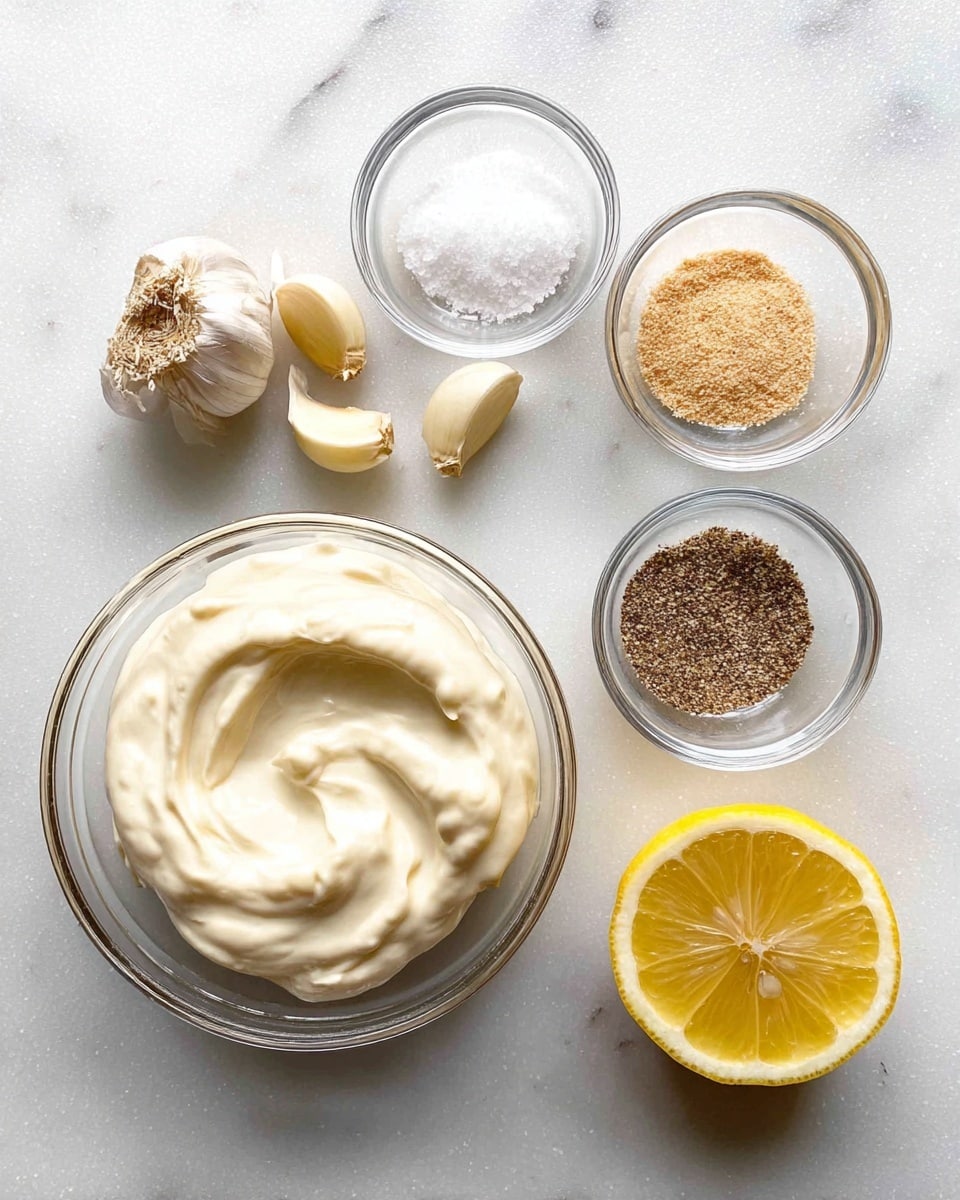 A white marbled surface holds six ingredients arranged in a neat layout: a large clear glass bowl filled with thick, creamy white mayo sits on the bottom left, above it three garlic cloves with papery skins are casually placed. To the right of the mayo are three smaller clear glass bowls containing white salt crystals, light tan granulated garlic powder, and finely ground black pepper, from left to right. On the far right is a fresh lemon half showing its bright yellow inside and juicy texture. photo taken with an iphone --ar 4:5 --v 7