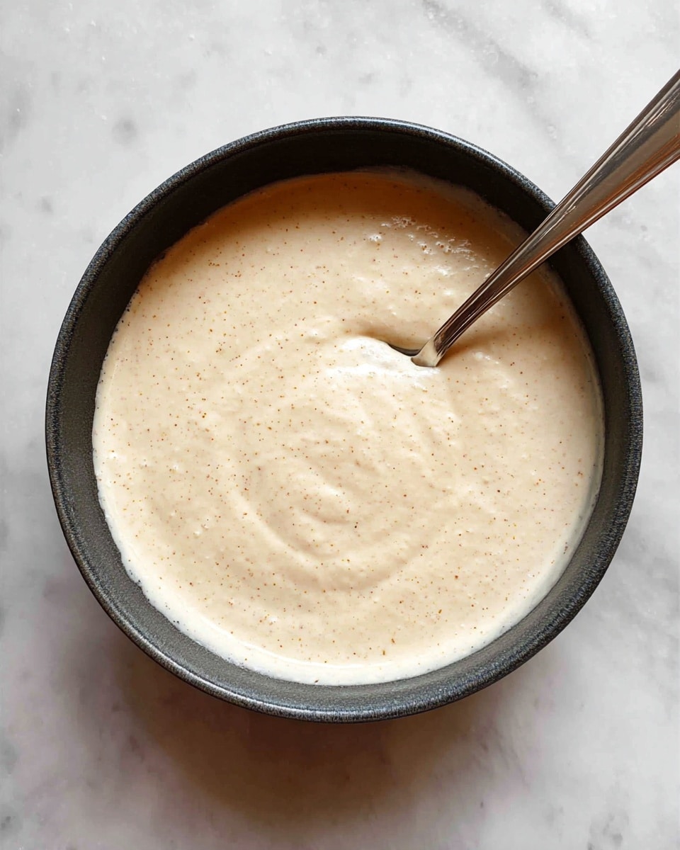 A close-up view of a dark bowl filled with a smooth, creamy sauce that is pale beige with small dark specks throughout. The sauce has a thick but soft texture, almost like a light batter. Inside the bowl is a metal spoon, partially immersed in the sauce, with the handle resting on the bowl’s edge. The bowl is placed on a white marbled surface. photo taken with an iphone --ar 4:5 --v 7