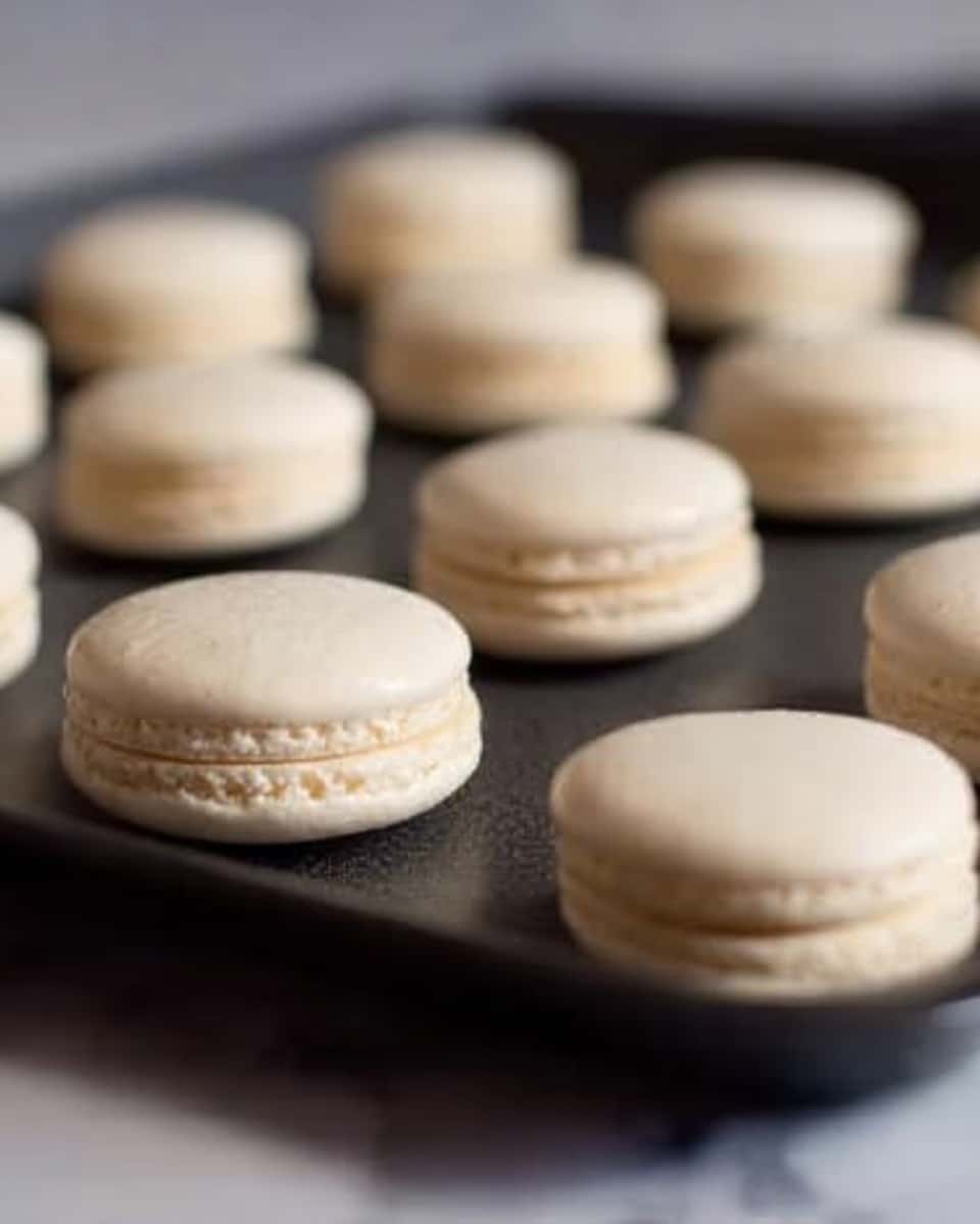 A close-up view of several pale beige macarons arranged on a black baking tray. Each macaron has two smooth, round shells with a light crust and small ruffled edges around the base, showing a slightly textured surface. They are spaced evenly, with a soft shadow beneath each shell, all placed on a white marbled surface in the background. The photo taken with an iphone --ar 4:5 --v 7
