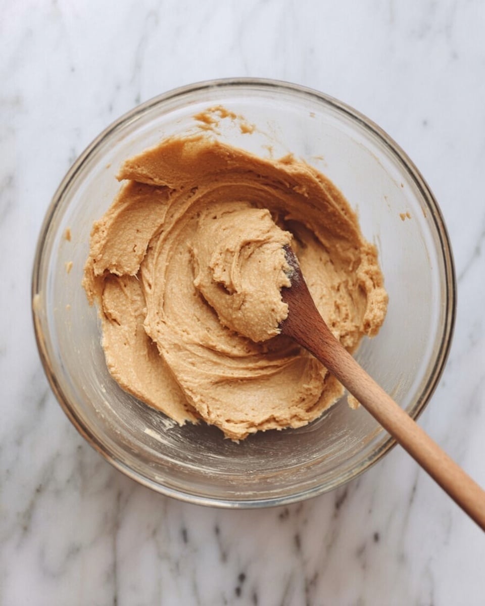 A clear glass bowl sits on a white marbled surface, filled with thick, light brown dough that has a creamy and slightly rough texture. A wooden spoon with a rounded end is partially buried in the dough, creating swirled patterns on the surface of the mixture. The dough's color is consistent throughout, with soft peaks and smooth edges where it has been stirred. photo taken with an iphone --ar 4:5 --v 7