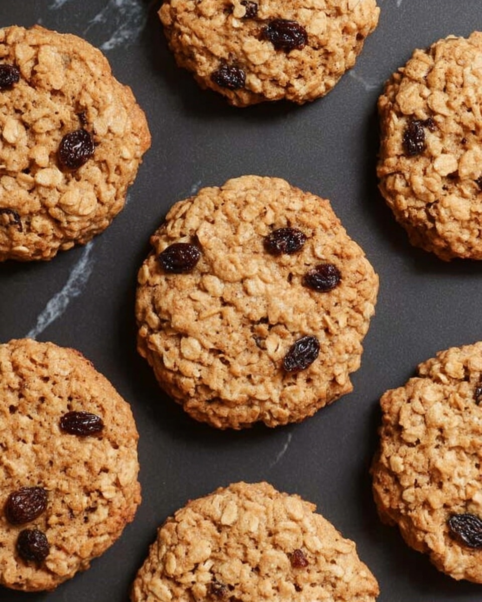 The image shows a close-up of several round oatmeal cookies with raisins evenly placed on a dark baking tray. Each cookie has a rough, textured surface with visible oats and scattered dark raisins distributed around the center and edges. The cookies are a light golden brown color with some slightly darker spots, giving a baked look. The background is a smooth white marbled texture. photo taken with an iphone --ar 4:5 --v 7