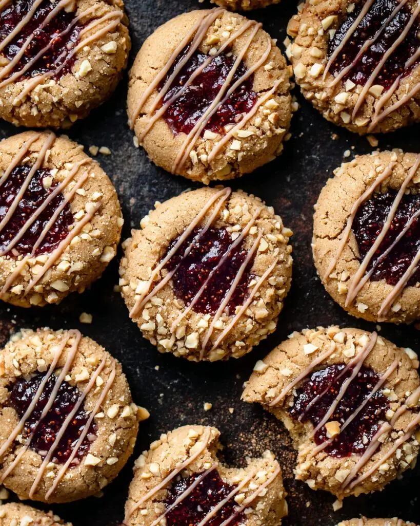 Peanut Butter Jam Thumbprint Cookies with White Chocolate Drizzle Recipe