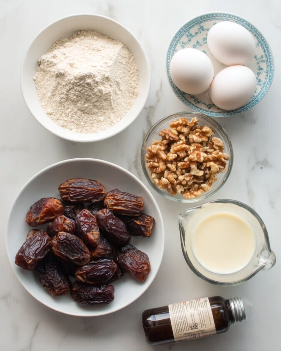 The image shows seven small white bowls arranged on a white marbled surface, each containing a different ingredient. Starting from the top, there is a bowl filled with white flour, and to its right, a clear glass measuring cup holding a light cream liquid. Below these, there is a bowl with whole dark brown dates, another with chopped light brown walnuts, and a small bowl with a white creamy substance, likely cream cheese or butter. To the left, a small plate holds two white eggs, and next to it, a dark amber bottle of vanilla extract lies horizontally. The overall colors show earthy browns, whites, and creamy tones. Photo taken with an iphone --ar 4:5 --v 7
