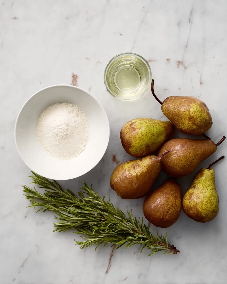The image shows a white bowl filled with a white powder-like substance on the left side, a small clear glass with a transparent liquid at the top center, and a bunch of nine brown pears with dark stems arranged in a cluster to the right of the bowl and below the glass. A sprig of fresh green rosemary lies diagonally below the bowl and pears. All items are placed on a white marbled surface. Photo taken with an iphone --ar 4:5 --v 7