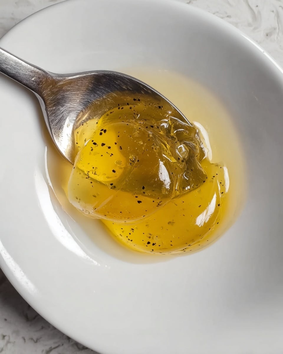 A close-up view of a shiny, translucent yellow jelly with small bits inside it, placed on the curved inner edge of a white plate. The jelly has a smooth, glossy texture with tiny dark and light specks evenly spread through it. Next to the jelly, there is a metallic spoon with a rounded end touching the jelly, showing some moisture on its surface. The background is a white marbled texture. photo taken with an iphone --ar 4:5 --v 7