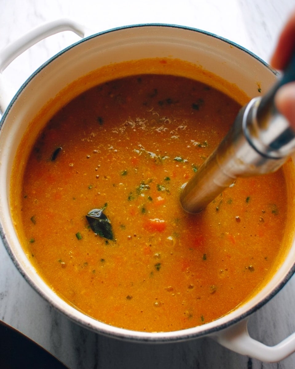 A white round pot filled with thick orange soup showing visible small pieces of green herbs and diced vegetables stirred by a metal immersion blender held by a woman's hand. The soup has a smooth but slightly chunky texture with some bubbles on the surface. A white marbled countertop can be seen underneath, and some dark vegetable pieces float near the top of the soup. The light reflects softly on the pot’s inside edge, emphasizing its round shape, photo taken with an iphone --ar 4:5 --v 7