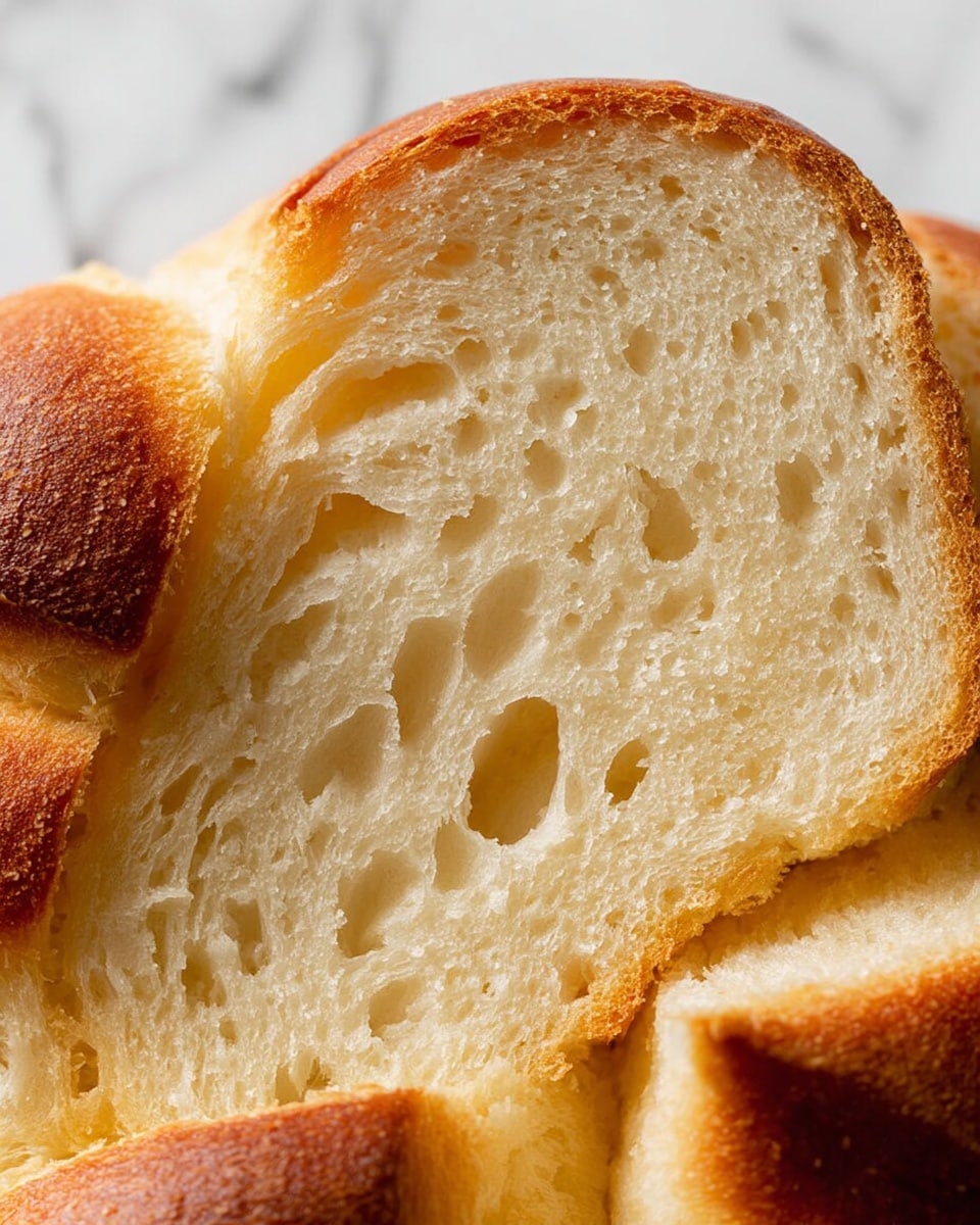 The image shows a close-up view of a piece of bread with five visible sections forming a ring shape. The bread has a soft, airy texture inside with many small holes, and a slightly browned, crisp crust on the top of each section. The crust is smooth with a gentle golden-brown color that contrasts with the light, creamy inside of the bread. The edges are slightly raised, giving a fluffy and fresh look. The background is a white marbled texture photo taken with an iphone --ar 4:5 --v 7