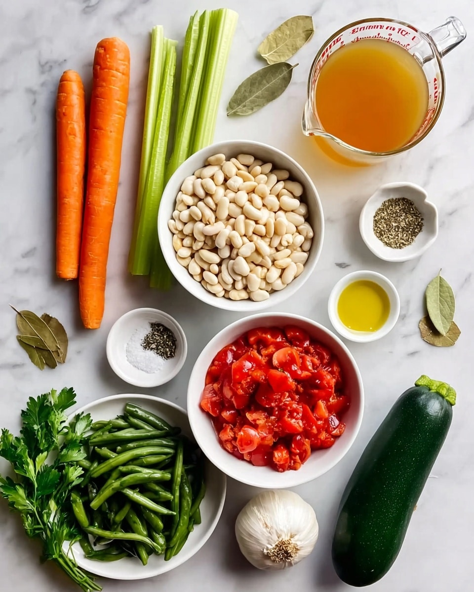 The image shows an overhead view of fresh ingredients placed neatly on a white marbled surface. There are two orange carrots and two green celery stalks placed vertically on the left. Near the center is a white sweet potato, below it a pile of white beans in a white bowl, and next to it a white bowl full of bright red chopped tomatoes. A clear glass measuring cup filled with golden broth sits to the right side. Below, there is a dark green zucchini and a small white onion, along with a garlic bulb. A bunch of green parsley is on the left side, and a white plate holds fresh green beans at the bottom. Scattered around are small white bowls containing salt, black pepper, dried herbs, and yellow olive oil, along with two bay leaves on the surface. Photo taken with an iphone --ar 4:5 --v 7