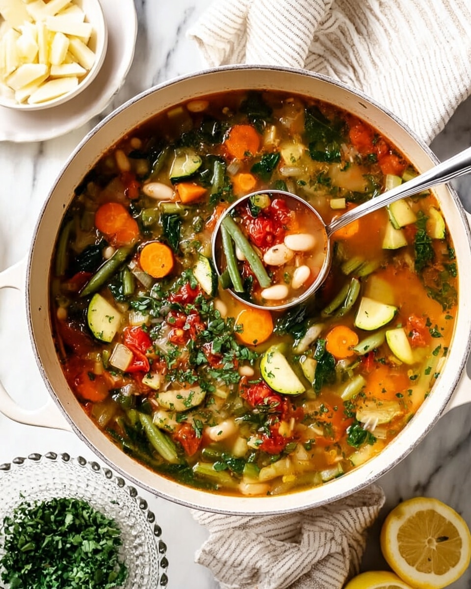 A top view of a white pot filled with colorful vegetable soup showing many layers: clear broth base with light orange tint, large chunks of orange carrots, green zucchini pieces, green beans, white beans, diced red tomatoes, and dark green spinach leaves, topped with chopped green herbs, a silver ladle resting in the pot lifting a spoonful of the mix. Surrounding the pot is a white marbled surface with a white striped cloth, a small white bowl with sliced cheese, a whole lemon and a half lemon on a glass plate, and a bowl of fresh chopped green herbs. photo taken with an iphone --ar 4:5 --v 7