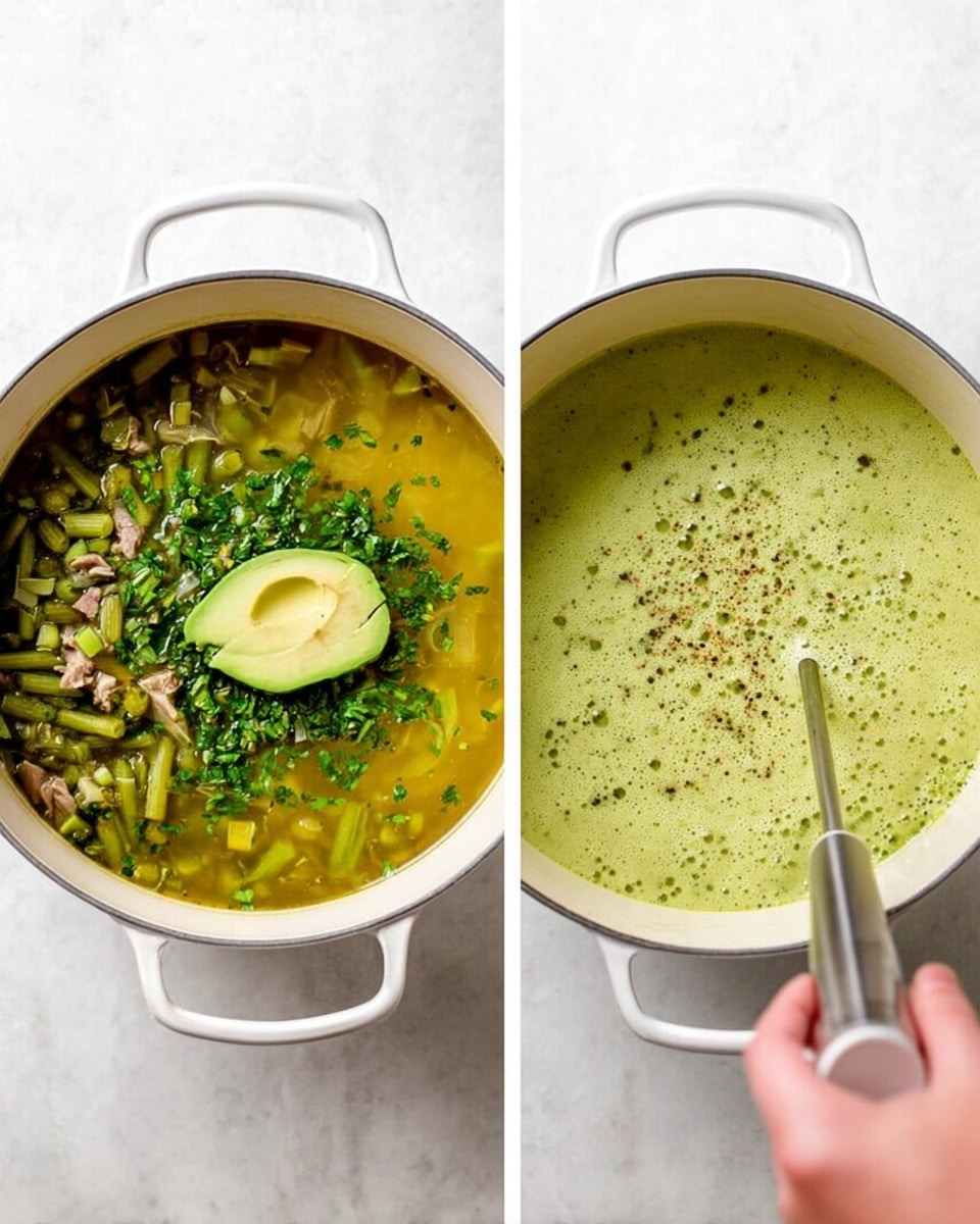 There are two side-by-side images featuring a white pot placed on a white marbled surface. The left image shows a soup with a clear yellow-green broth filled with chopped green vegetables and small pieces of meat, topped with chopped green herbs and a slice of avocado in the center. The right image depicts the same pot now filled with a smooth, creamy light green soup being blended by a woman's hand holding an immersion blender, creating small bubbles on the surface. Photo taken with an iphone --ar 4:5 --v 7