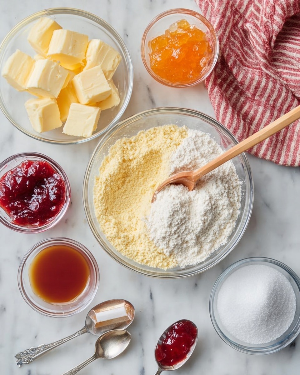 A clear glass bowl in the center holds two powders: a pale yellow one on the left and a white one on the right, with a wooden spoon resting inside, stirring them together. Surrounding the bowl on a white marbled surface are several small clear glass bowls: one with light yellow cubed blocks of butter on the left, one with orange jam and a small spoon above the butter, one with red jam beside it on the right, and a bowl with white granulated sugar on the right edge. A tiny clear bowl with brown liquid sits near the bottom center. A silver spoon with red jam rests at the lower right corner. A red and white striped cloth is folded in the top right corner. Photo taken with an iphone --ar 4:5 --v 7