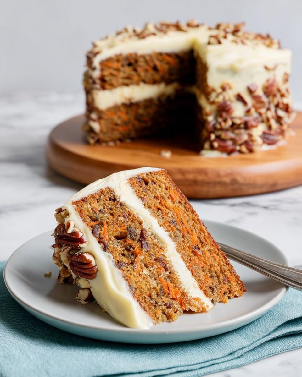 A slice of two-layer carrot cake with visible bits of carrot and nuts in the brown cake layers, separated by a creamy white frosting inside and thickly spread on the side, decorated with chopped pecans. The slice sits on a white plate placed on a light blue cloth. In the background, a whole two-layer carrot cake with white frosting on top and nuts sprinkled over it rests on a round wooden board. The surface underneath is white marble, and the background is plain white. A silver fork lies in front of the plate. Photo taken with an iphone --ar 4:5 --v 7