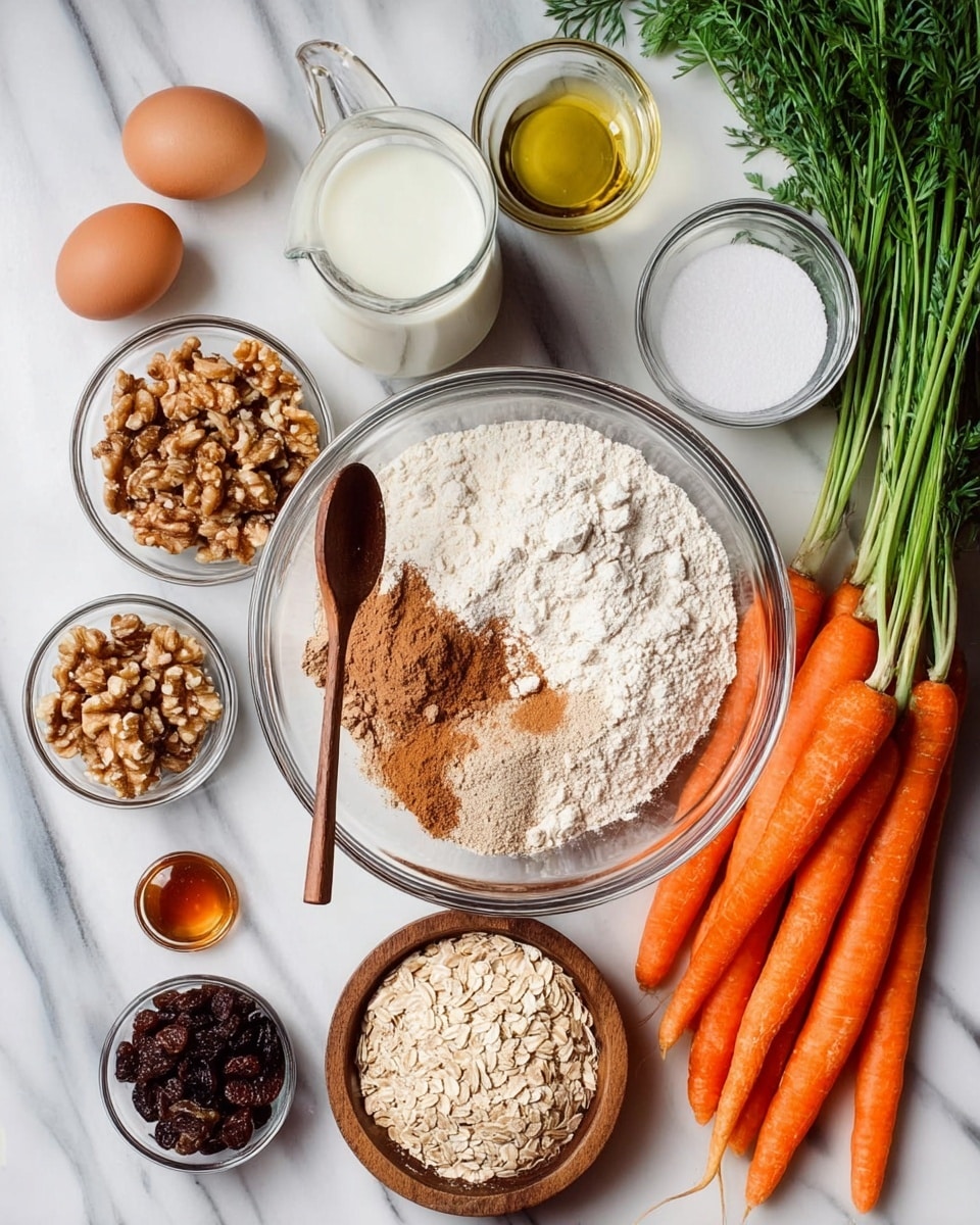 The image shows ingredients for baking arranged neatly on a white marbled surface. In the center, a large clear glass bowl holds a mix of different powders: light brown almond flour, white flour, baking powder, cinnamon, nutmeg, and salt, with a small wooden spoon resting inside. To the left, two brown eggs lie near a small clear dish of raisins and another clear glass bowl filled with chopped walnuts. Above the main bowl, there's a clear glass jug filled with white liquid, a small jar of light yellow oil, and a clear bowl with white sugar. To the right, a bunch of fresh bright orange carrots with green tops is laid out. At the bottom, a small wooden plate holds light-colored rolled oats, and next to it, a tiny dish contains amber-colored vanilla extract. All items are shown clearly, lit in natural light. Photo taken with an iphone --ar 4:5 --v 7