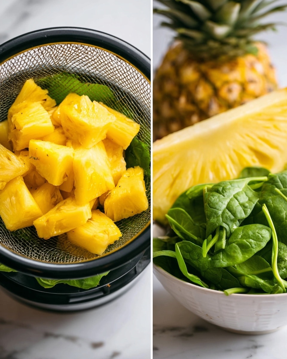 The image shows two parts: on the left, a black strainer basket filled with bright yellow pineapple pieces resting on a bed of dark green spinach leaves; the strainer's mesh texture is visible underneath the fruit, and it sits on a white marbled surface. On the right, there is a white bowl filled with fresh, vibrant green spinach leaves, and a thick slice of pineapple is placed behind the spinach, leaning against the inner wall of the bowl. Behind the bowl, a whole pineapple with its spiky skin and crown can be seen blurred in the background. The colors are bright and fresh, focusing on the yellow and green contrast. photo taken with an iphone --ar 4:5 --v 7