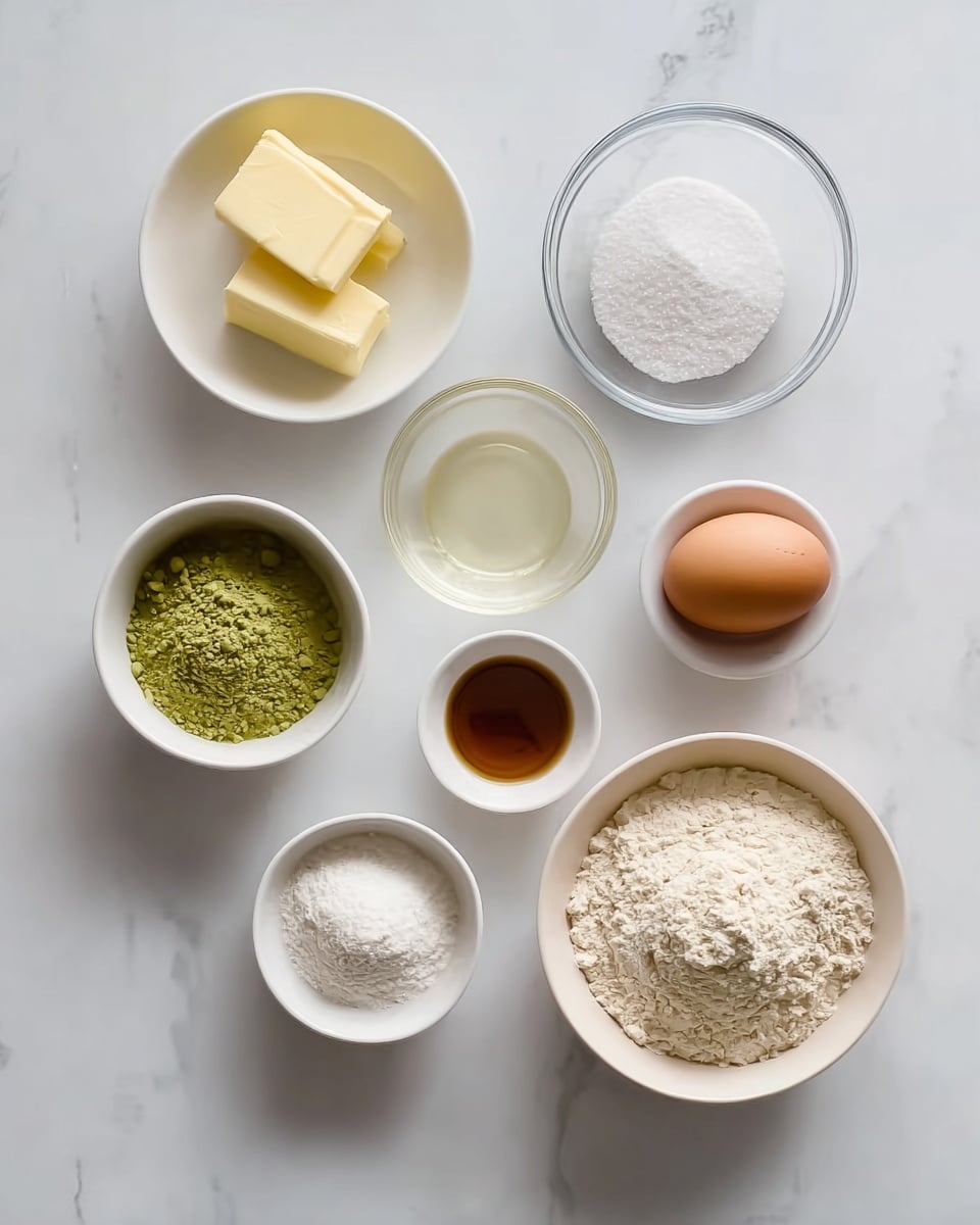 The image shows eight different ingredients arranged neatly on a white marbled surface. Starting from the top left, there is a small white bowl filled with a square piece of yellow butter. Next to it is a clear glass bowl holding white granulated sugar. Below the butter is a small clear bowl with a clear liquid, likely egg white. Beside it is a whole brown egg placed directly on the surface. Below the egg is a tiny white bowl with a small amount of brown vanilla extract. Next to it is a larger white bowl filled with light beige flour. Below this is another white bowl containing white powder, likely baking powder or baking soda. Lastly, in the bottom left corner is a small white bowl containing a green powder, which looks like matcha or green tea powder. The arrangement is simple and clean, with no other objects present. photo taken with an iphone --ar 4:5 --v 7
