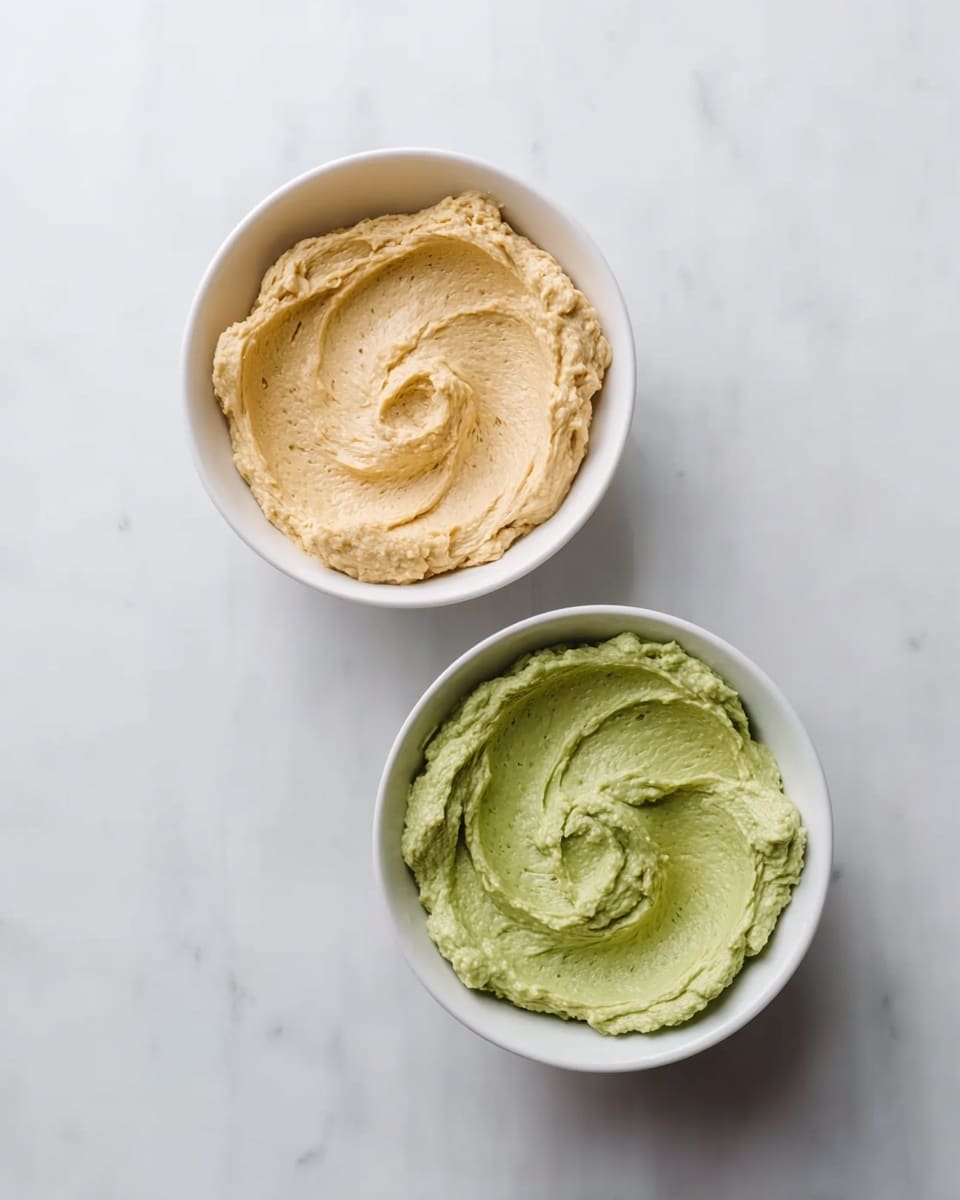 The image shows two white bowls placed on a white marbled surface. Each bowl contains a creamy spread with a smooth, whipped texture and a circular swirl in the center. The top bowl holds a light beige spread, while the bottom bowl contains a green spread. Both spreads appear thick and soft, with a slightly uneven surface from the swirling motion. The colors of the spreads contrast clearly against the plain white bowls and marbled background. photo taken with an iphone --ar 4:5 --v 7