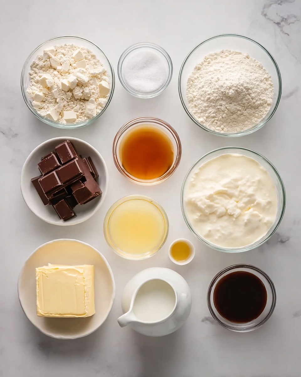 The image shows eleven clear glass and white bowls arranged neatly on a white marbled surface. Starting from the top left, there is a glass bowl filled with flour and small pieces of solid fat, next to it on the right is a small glass bowl with white salt, and a larger glass bowl on the far right filled with cream-colored milk. Below the flour bowl is a small white bowl with amber-colored liquid, next to it on the right is a larger glass bowl filled with white flour. To the right of the flour bowl is a small white bowl with yellow liquid, followed by a small white pitcher containing a frothy, off-white liquid. Below the amber liquid is a small white bowl filled with a white creamy substance, next to it is a small glass bowl with dark brown liquid, below that is a white bowl with a block of pale yellow butter, and to the left of the butter bowl is a glass bowl containing dark brown chocolate squares. The bowls are evenly spaced and the lighting is soft and natural, emphasizing the colors and textures of the ingredients photo taken with an iphone --ar 4:5 --v 7