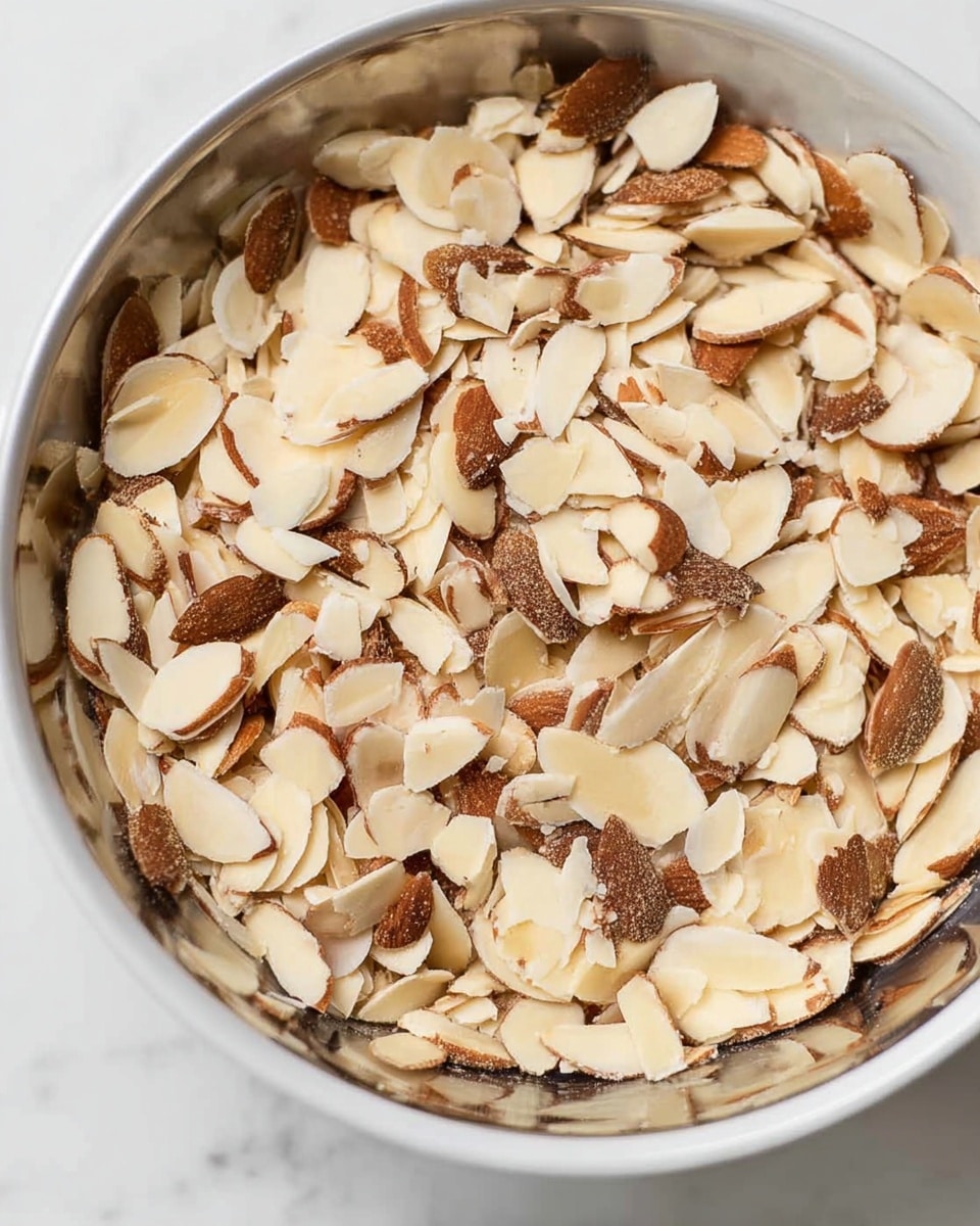 A close-up image of a white bowl filled with thin, sliced almond pieces mixed with a few brown almond skins. The almond slices are uneven in size and spread across the bowl evenly, showing a rough texture with some toasted edges. The bowl is set on a white marbled surface. photo taken with an iphone --ar 4:5 --v 7