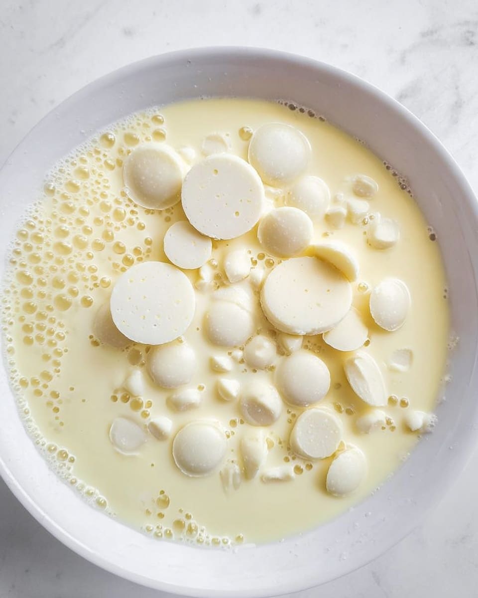 The image shows a close-up view of a white bowl filled with a pale yellow creamy liquid. Floating on the surface are many round, white chocolate-like discs and smaller pieces, some whole and some broken in half. The creamy liquid has a smooth texture with small bubbles scattered on top. The bowl is set on a white marbled surface. photo taken with an iphone --ar 4:5 --v 7