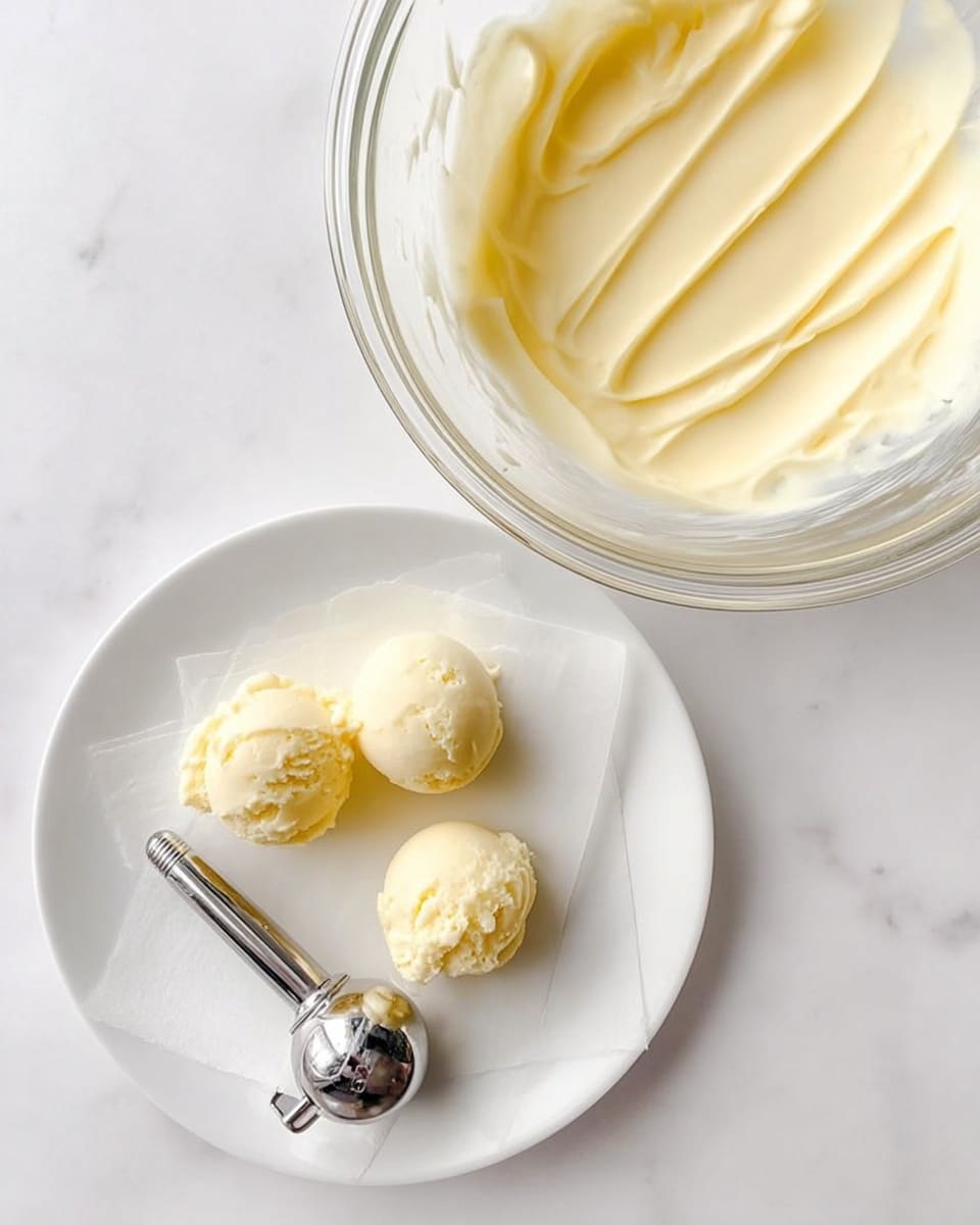 The image shows a white plate with three small, round scoops of pale yellow creamy mixture placed on a sheet of white paper. Next to the plate, there is a silver ice cream scooper resting on the paper inside the plate. Above the plate, there is a clear glass bowl filled with a smooth, pale yellow creamy substance with visible lines where a spoon or spatula has moved through it. The background is a white marbled texture. Photo taken with an iphone --ar 4:5 --v 7