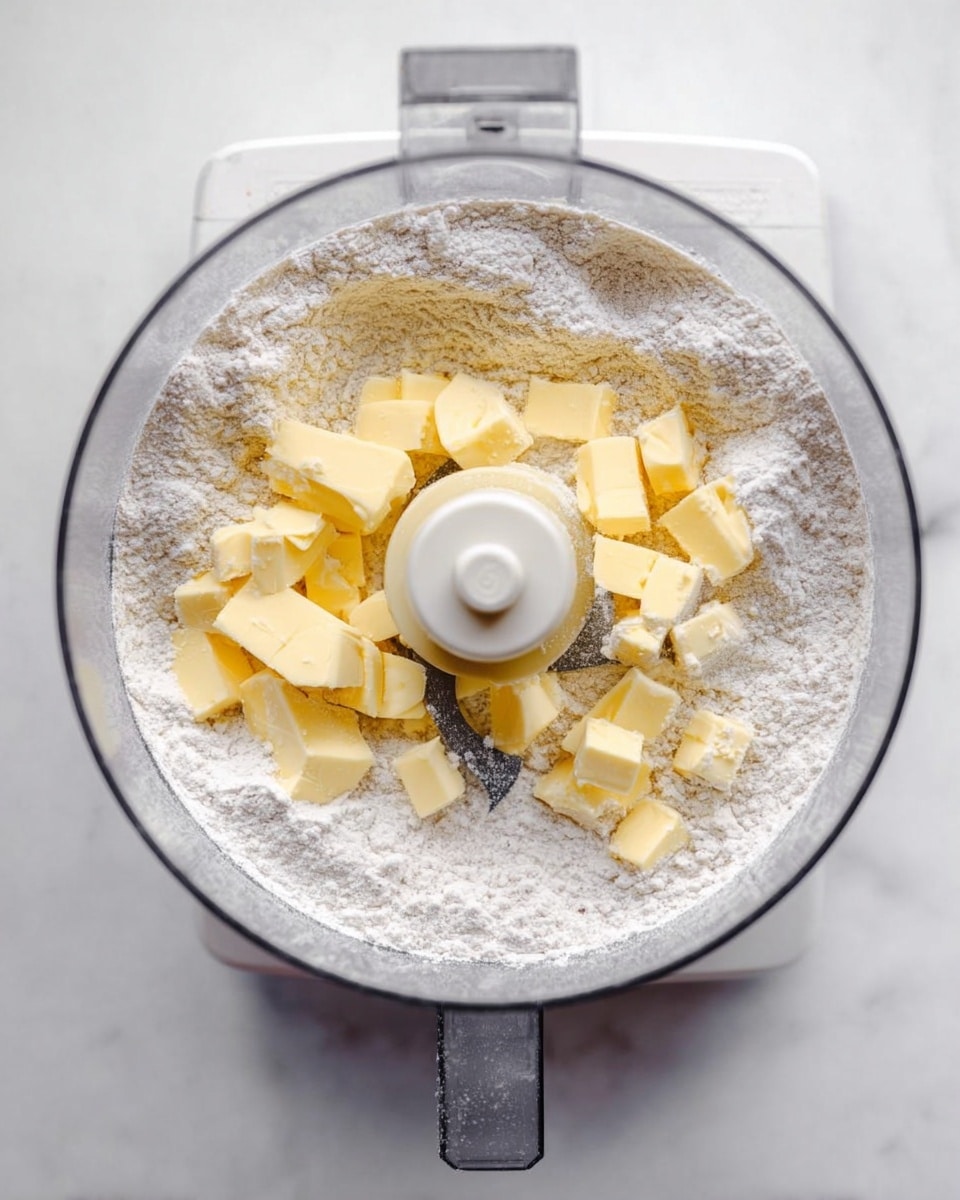 A top view of a food processor filled with a layer of white flour mixed with small chunks of yellow butter scattered on top, with the central blade visible in the middle. The processor is placed on a white marbled surface. The scene has soft natural lighting and a clean, bright look. photo taken with an iphone --ar 4:5 --v 7