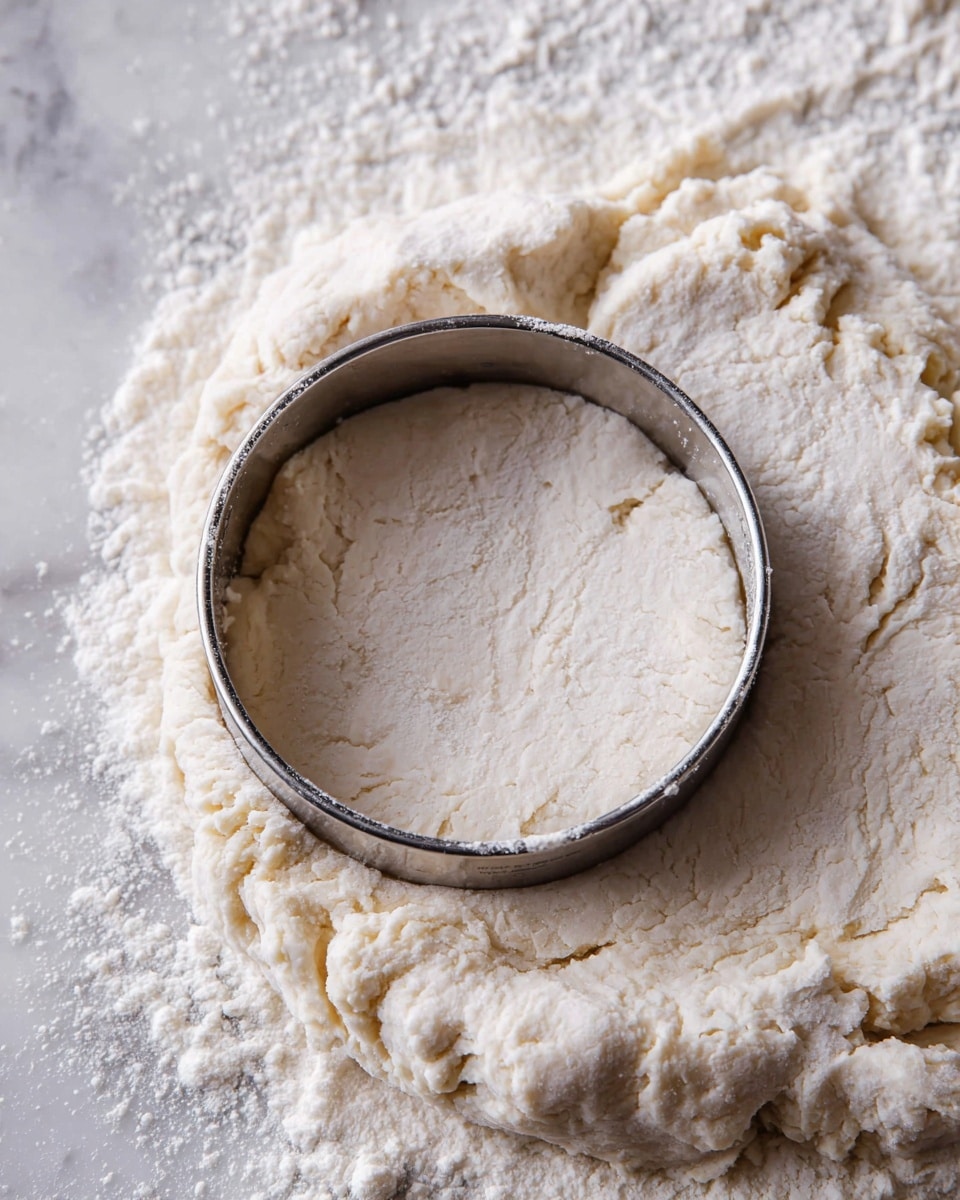 The image shows a close-up of a thick white dough on a white marbled surface with flour dusted around. A metal round cutter presses into the dough, making a circle shape roughly in the center of the image. The dough has a rough, uneven texture with small cracks and lumps visible all over. The metal cutter is silver with slight reflections, and the background remains softly blurred with more flour sprinkled around. photo taken with an iphone --ar 4:5 --v 7