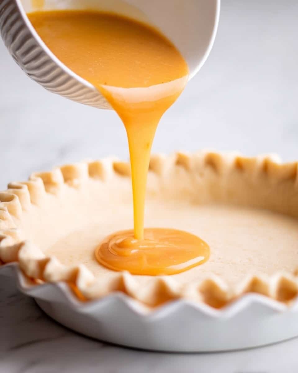 An orange, smooth liquid is being poured from a white, ridged bowl into the center of an unbaked pie crust with a crimped edge, placed in a white pie dish. The pie crust is light beige and shows a soft, doughy texture. The background has a white marbled texture. The angle of the shot is close-up, focusing on the pouring action and the pie crust’s edge, making the liquid stream the main feature. photo taken with an iphone --ar 4:5 --v 7