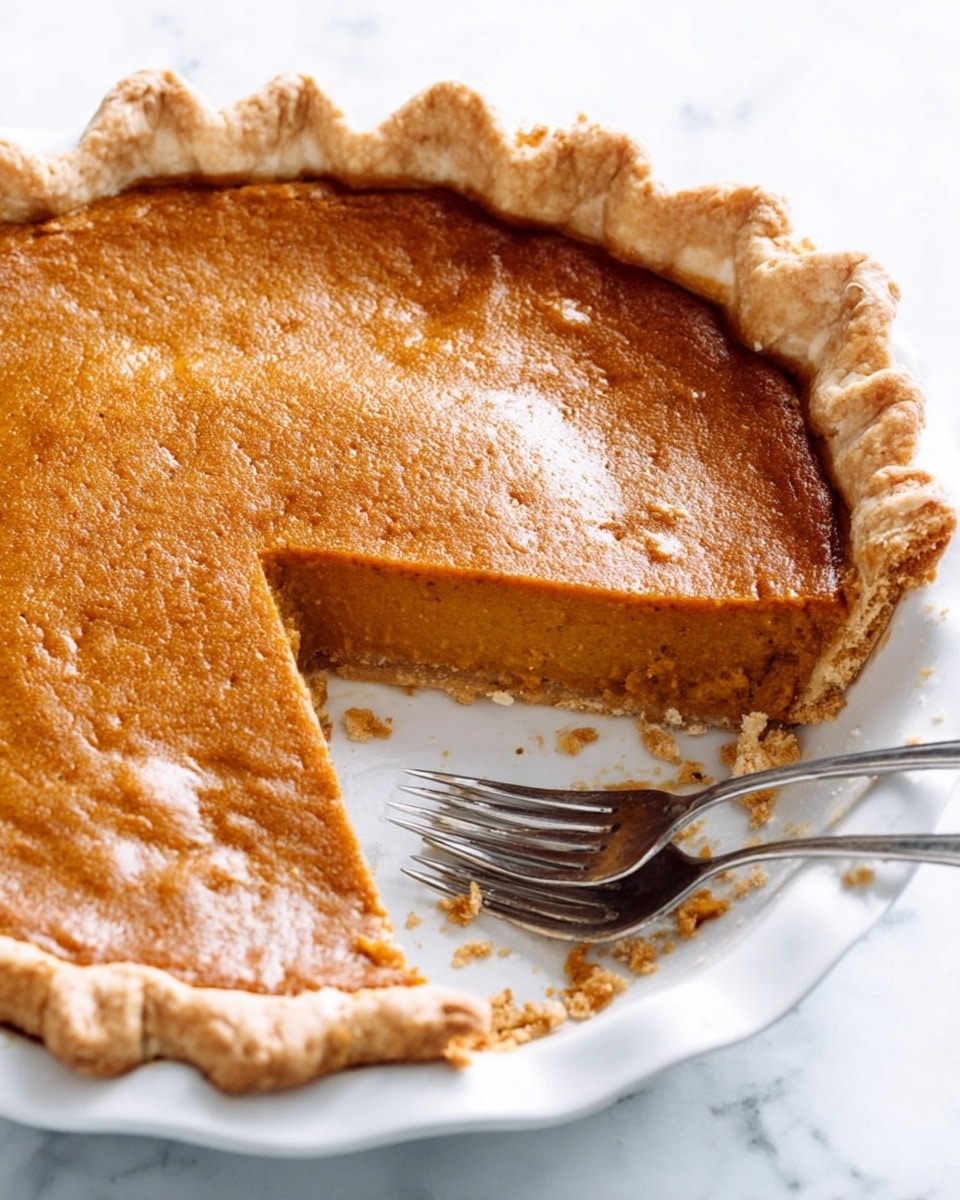 A pumpkin pie with one slice removed shows two clear layers: a thick, smooth, orange-brown pumpkin filling with a slightly grainy texture on top and a light, flaky beige crust with crimped edges around the pie, all sitting in a white pie dish. Two silver forks lie inside the empty space where the slice was taken out, resting on the white marbled surface underneath. The crust looks tender and the filling is dense but soft, with some crumbs scattered around the edge. Photo taken with an iphone --ar 4:5 --v 7