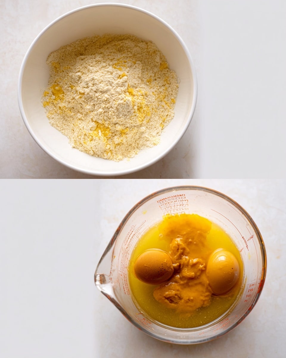 The first image shows a white bowl filled with dry powder ingredients, which include a mixture of yellow and beige flour with some tiny bits and uneven texture on the surface. The second image is a clear glass measuring cup filled with liquid ingredients, showing two whole yellow eggs, thick orange paste, and clear oil, all sitting on top of one another without being mixed yet, on a white marbled textured surface. Photo taken with an iphone --ar 4:5 --v 7