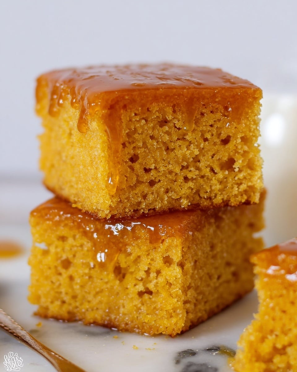 Two square pieces of moist, golden brown cake are stacked on top of each other. The cake has a soft, airy texture with tiny holes throughout, and a shiny syrup or glaze is drizzled over the top and sides, making it look glossy and sticky. The cake sits on a white marbled surface, with a small part of another cake piece visible on the right and a metallic spoon in the bottom left corner. The background is blurred and light, keeping focus on the cake pieces. photo taken with an iphone --ar 4:5 --v 7