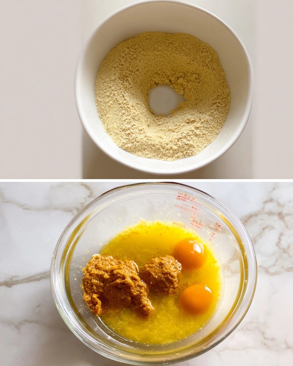 The first image shows a white bowl filled with a dry mix of light yellow flour and some brown spices, with a small well in the center. The second image shows a clear glass measuring cup on a white marbled surface, holding two cracked eggs, a thick orange paste, and melted yellow butter, all not yet mixed together. photo taken with an iphone --ar 4:5 --v 7