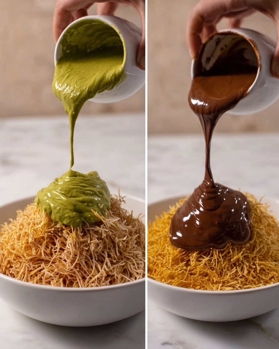 The image shows two side-by-side photos of a white bowl filled with shredded, crispy light brown pieces. On the left, a woman's hand is pouring thick, smooth green sauce over the shredded pieces, creating a large mound of sauce with a shiny texture. On the right, a different woman's hand is pouring thick, smooth dark brown sauce over the same shredded pieces, forming a shiny, flowing layer. Both bowls sit on a white marbled surface, and the focus is on the pouring action and the rich texture of the sauces contrasted with the dry, crispy base. Photo taken with an iphone --ar 4:5 --v 7