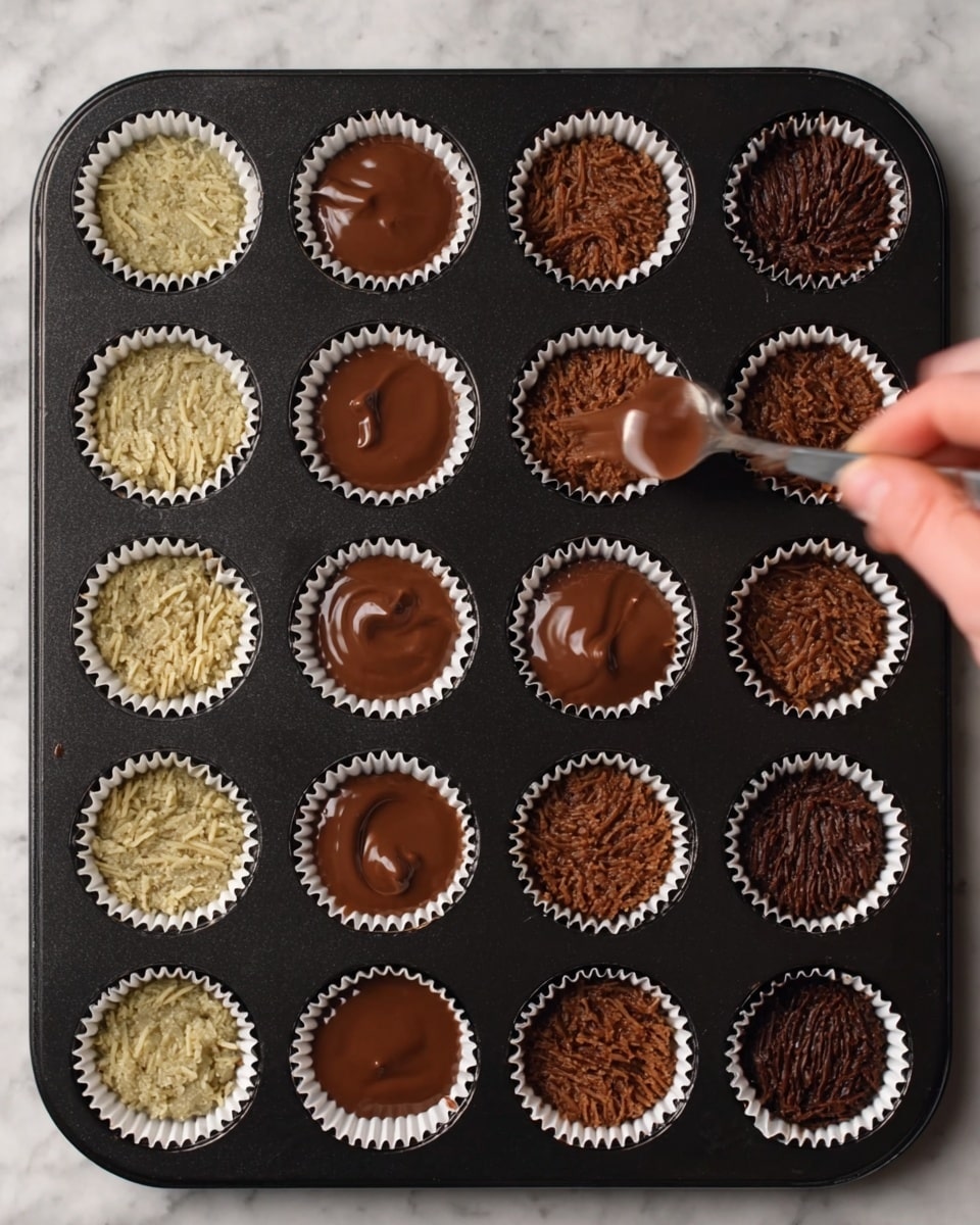 A black muffin tray holds 24 white paper cupcake liners filled with three different mixtures. On the left side, nine liners contain a light greenish-brown textured mixture with visible strands. The center features seven liners filled with a medium brown mixture with a similar fibrous texture. The right side has eight liners with a darker brown mixture, also fibrous. A woman's hand is shown from above, holding a spoon and spreading a glossy, smooth milk chocolate layer on one of the empty liners in the top center row. The tray is placed on a white marbled surface. photo taken with an iphone --ar 4:5 --v 7