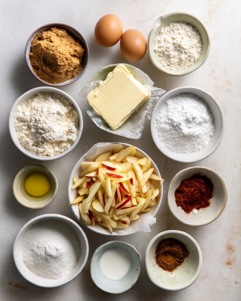 The image shows a top view of a white marbled surface with multiple small white bowls arranged neatly, each containing different ingredients for baking. There are two whole eggs placed near the center. The bowls hold light brown sugar, white sugar, flour, powdered sugar, olive oil, yogurt, small amount of milk, vanilla extract, and a mix of ground spices in brown and reddish hues. In the center, a white bowl holds peeled and shredded apples, with red spots from the skin visible. A block of butter wrapped in wax paper is also placed near the eggs. The lighting is soft and natural, highlighting the texture and color of each ingredient. Photo taken with an iphone --ar 4:5 --v 7