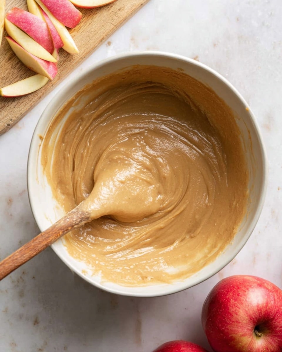 A white bowl filled with smooth, light brown batter with a glossy, creamy texture inside, being mixed with a wooden spoon resting on the right side of the bowl; near the top left corner, there is a wooden board with light yellow and pink apple peels, and at the bottom right, two shiny red apples are placed on a white marbled surface photo taken with an iphone --ar 4:5 --v 7