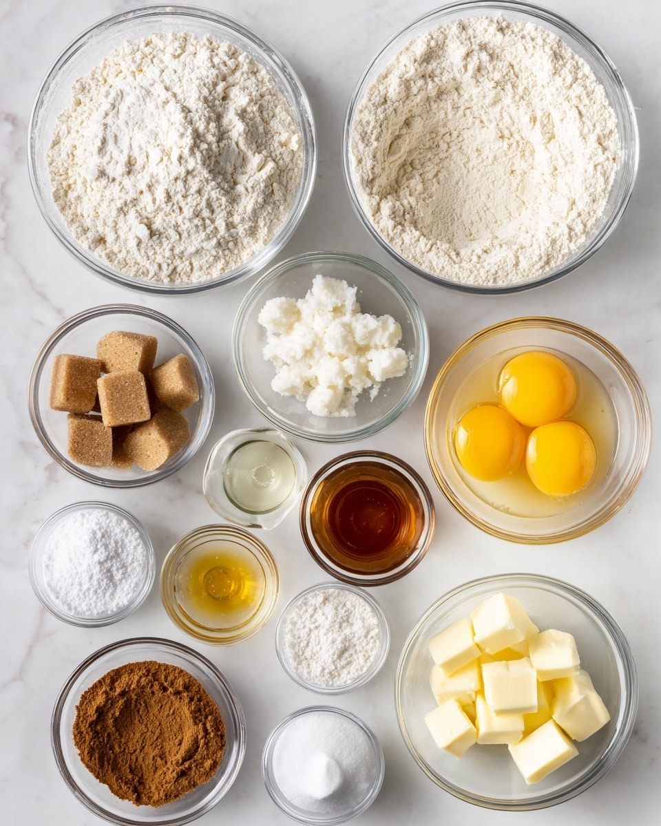 This image shows a top view of various baking ingredients in clear glass bowls arranged neatly on a white marbled surface. In the top row, there are two larger bowls filled with white flour on the left and slightly coarser flour on the right. Below, several smaller bowls contain white sugar, brown sugar, cubed pale yellow butter, two eggs with deep yellow yolks in one bowl, and three eggs with bright yellow yolks and clear whites in another bowl. Additional small bowls hold cinnamon powder, vanilla extract with a golden hue, and different white powders like baking soda, salt, and baking powder. The ingredients are spread out evenly, creating a clean and organized look. photo taken with an iphone --ar 4:5 --v 7