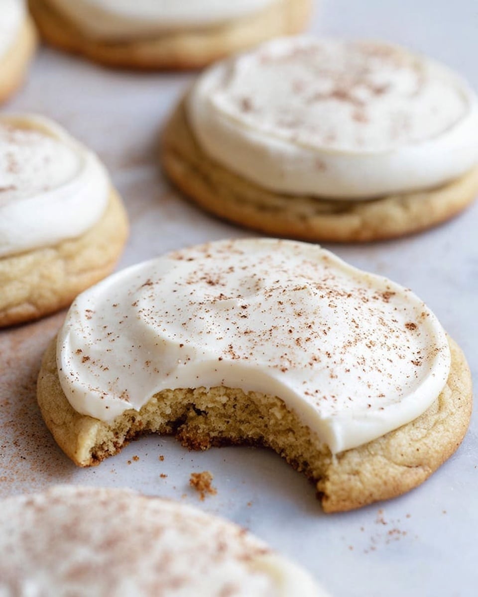 The image shows several round cookies on a white marbled surface, each topped with a smooth, thick layer of white frosting. The cookie in the front has a bite taken out of it, revealing a soft, crumbly, light beige interior. The frosting on each cookie is sprinkled with a light dusting of brown spice, adding texture and color contrast. The cookies are golden brown and look thick and soft with a slightly cracked surface beneath the frosting. Photo taken with an iphone --ar 4:5 --v 7