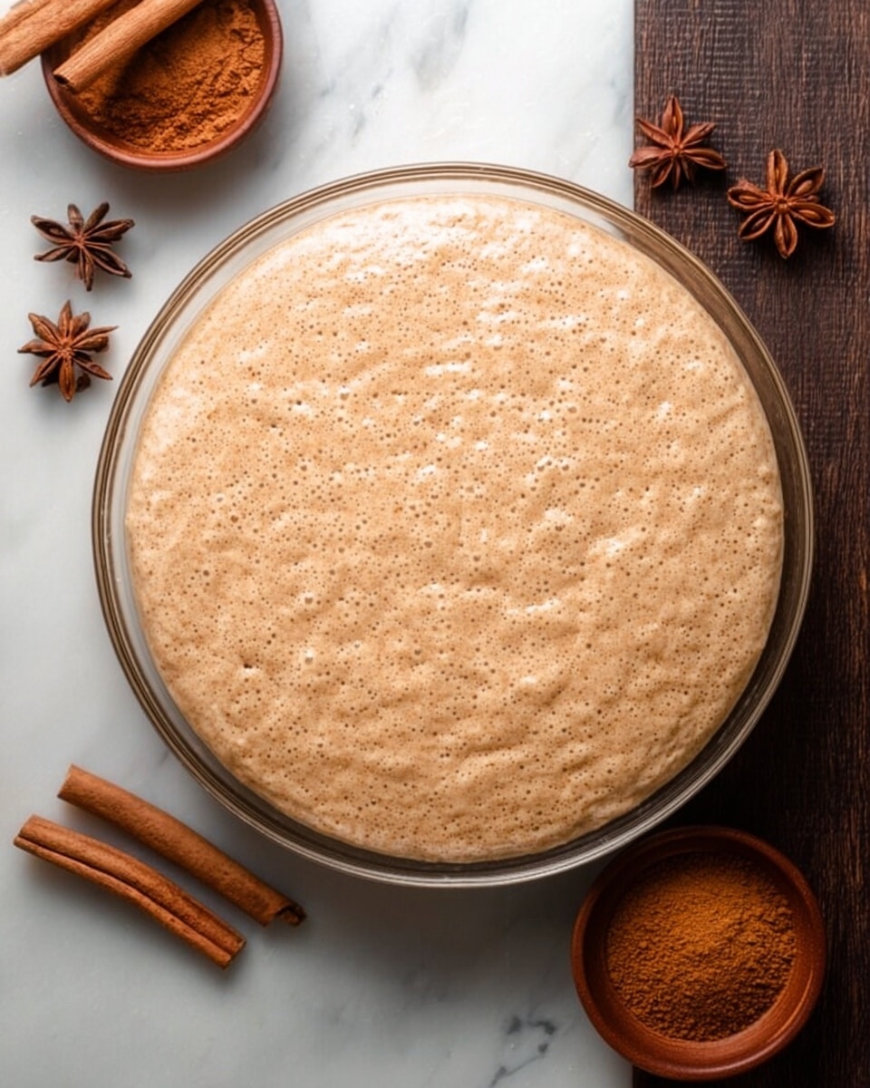 The image shows a clear round glass bowl filled with light brown dough that has risen and is smooth with tiny bubbles on the surface, almost reaching the top edge of the bowl. The bowl is placed on a white marbled surface. Around the bowl, there are two cinnamon sticks and three star anise pieces on the right side, and a small brown dish with ground cinnamon and another brown dish with whole star anise and cinnamon sticks on the top left side. The photo taken with an iphone --ar 4:5 --v 7