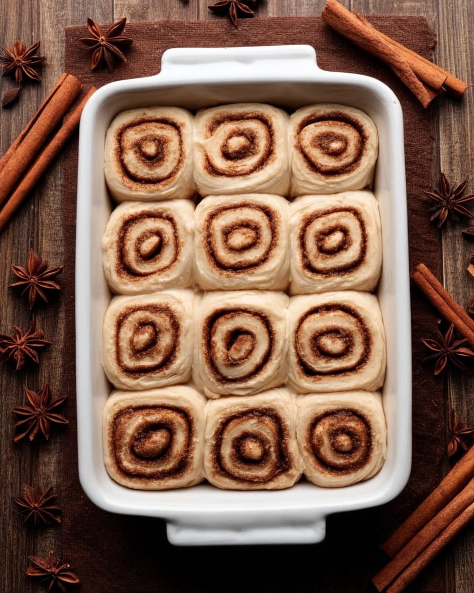 A white rectangular baking dish filled with twelve cinnamon rolls arranged in a 3 by 4 grid, each roll showing a tight spiral pattern with a light brown dough and darker brown cinnamon filling. The baking dish is placed on a brown wooden surface with some cinnamon sticks and star anise around it, adding a warm rustic feeling to the image. photo taken with an iphone --ar 4:5 --v 7