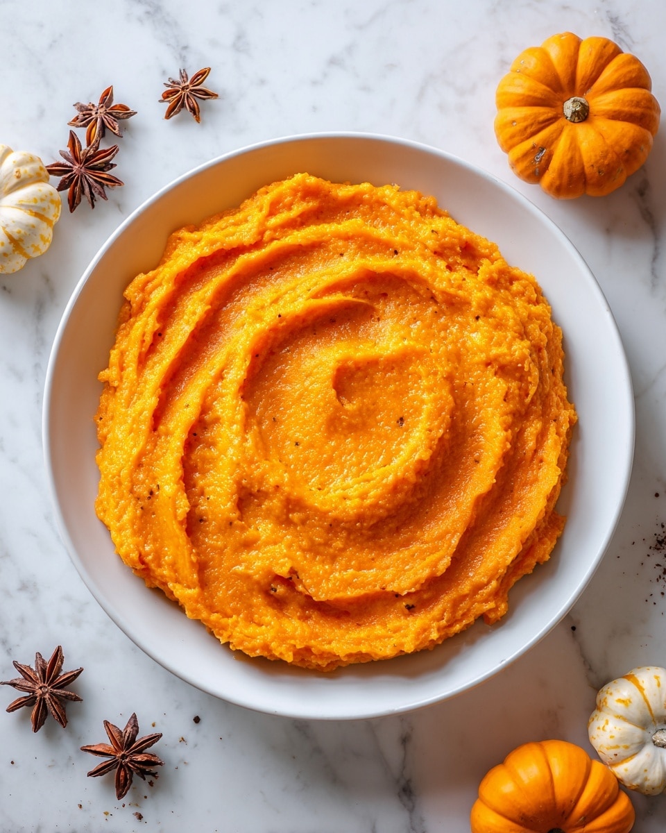 A white plate holds a smooth layer of bright orange mash spread across it with visible ridges and a textured surface. The mash covers most of the plate in a roughly circular shape with some uneven edges. The plate sits on a white marbled surface surrounded by small pumpkins and star anise, adding a warm, autumn feel to the scene. The vibrant orange color and thick texture of the mash make it look rich and creamy. photo taken with an iphone --ar 4:5 --v 7