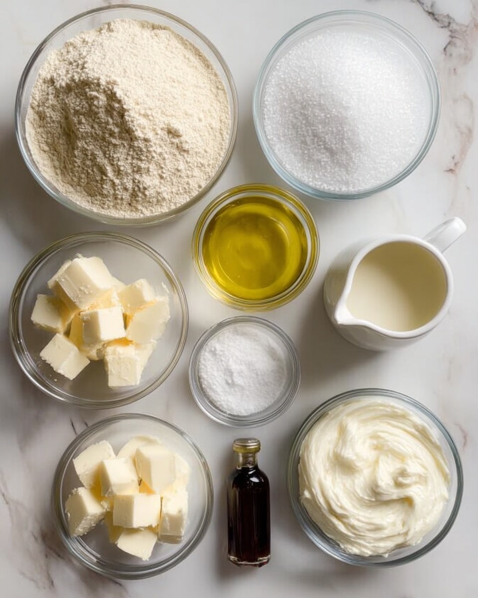 The image shows eight glass bowls arranged on a white marbled surface, each containing a different ingredient. From the top left, there is a large bowl filled with beige flour. Next to it on the right is a bowl filled with white sugar crystals. Below the flour is a small pitcher with pale cream liquid. In the center is a bowl of clear yellow oil with a smooth texture. Next to the sugar is a bowl filled with thick white sour cream. Below the sour cream is a small bowl with white baking powder or baking soda. To the left of the baking powder is another bowl with small cubes of pale yellow butter. Below the bowl of butter is a small bottle filled with dark brown vanilla extract. The bowls are neatly spaced and the overall setting is bright and clean, with a clear view of each ingredient’s texture and color. Photo taken with an iphone --ar 4:5 --v 7