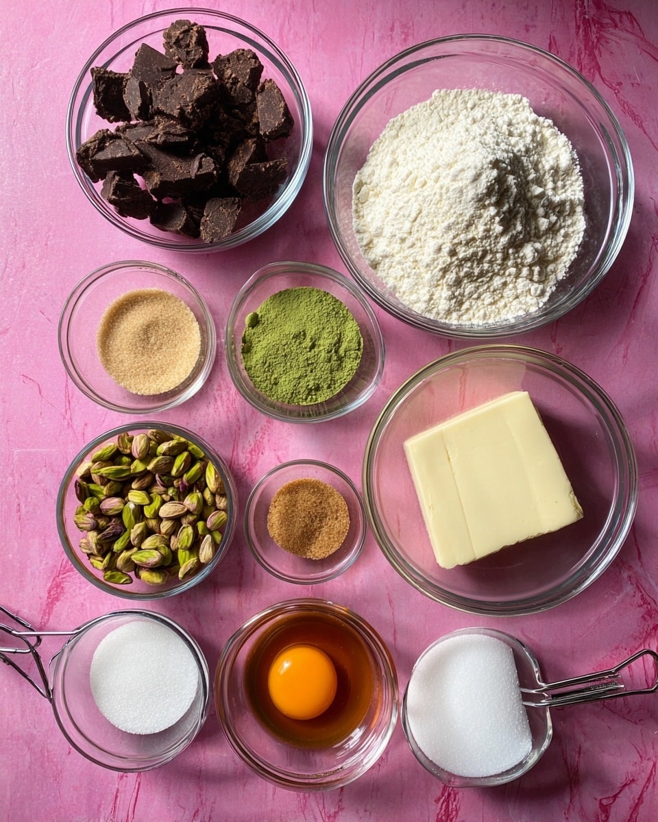 The image shows nine clear glass bowls and one metal measuring cup arranged on a bright pink surface with a white marbled texture. The largest bowl contains white flour with a slightly rough texture near the top center. Next to it is a bowl with green powder and white granules, likely matcha and salt. Below is a bowl with an orange egg yolk sitting in clear liquid. To the left is a bowl filled with dark chocolate chunks, rough and uneven in size. Lower left is a metal measuring cup filled with green pistachios. To the right is a pale block of butter on a white plate. Below the butter are three items: a clear bowl filled with white sugar, a clear bowl filled with light brown sugar, and a small clear bowl with honey or syrup. An additional whole brown egg and a tiny bottle of clear vanilla extract complete the image. Photo taken with an iphone --ar 4:5 --v 7